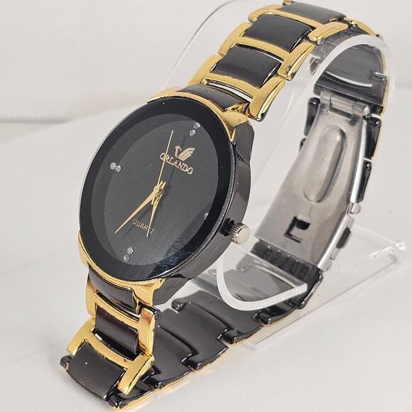 Orlando Black Gold Tone Quartz Analog Watch with Link Band 7.25" Wrist - Picture 15 of 16